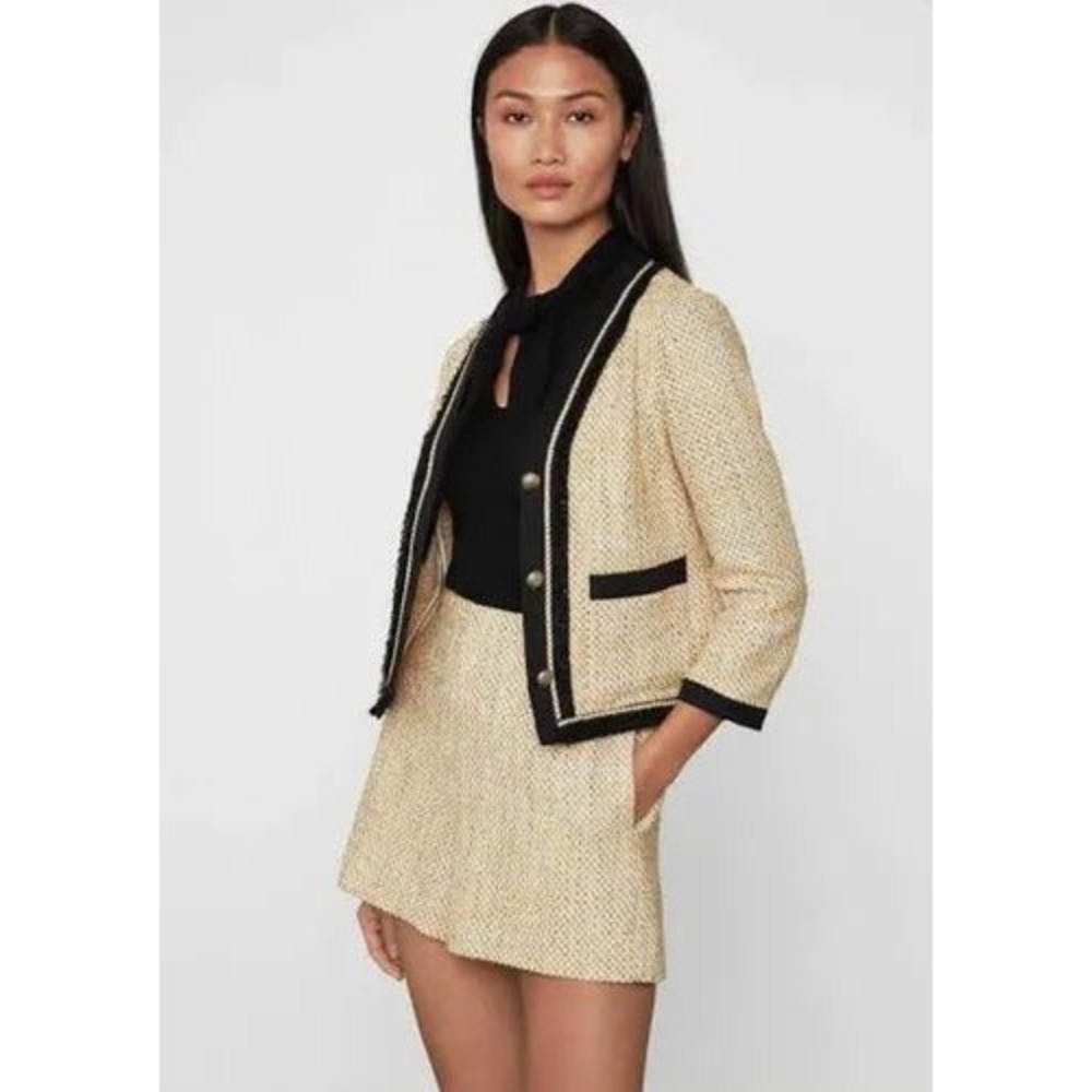 BCBGMAXAZRIA Tweed Collar Trimmed Blazer Jacket Gold Black Size XS